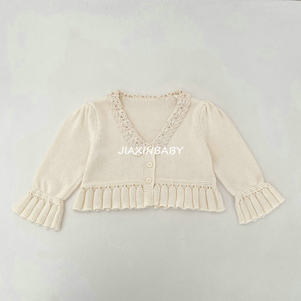 73-110ซม.เด็กสาวฝรั่งเศสขนาดเล็กLapel Pearlเสื้อสเวตเตอร์ถักฤดูใบไม้ร่วงสาวMoriหวานVคอเสื้อกันหนาวแจ