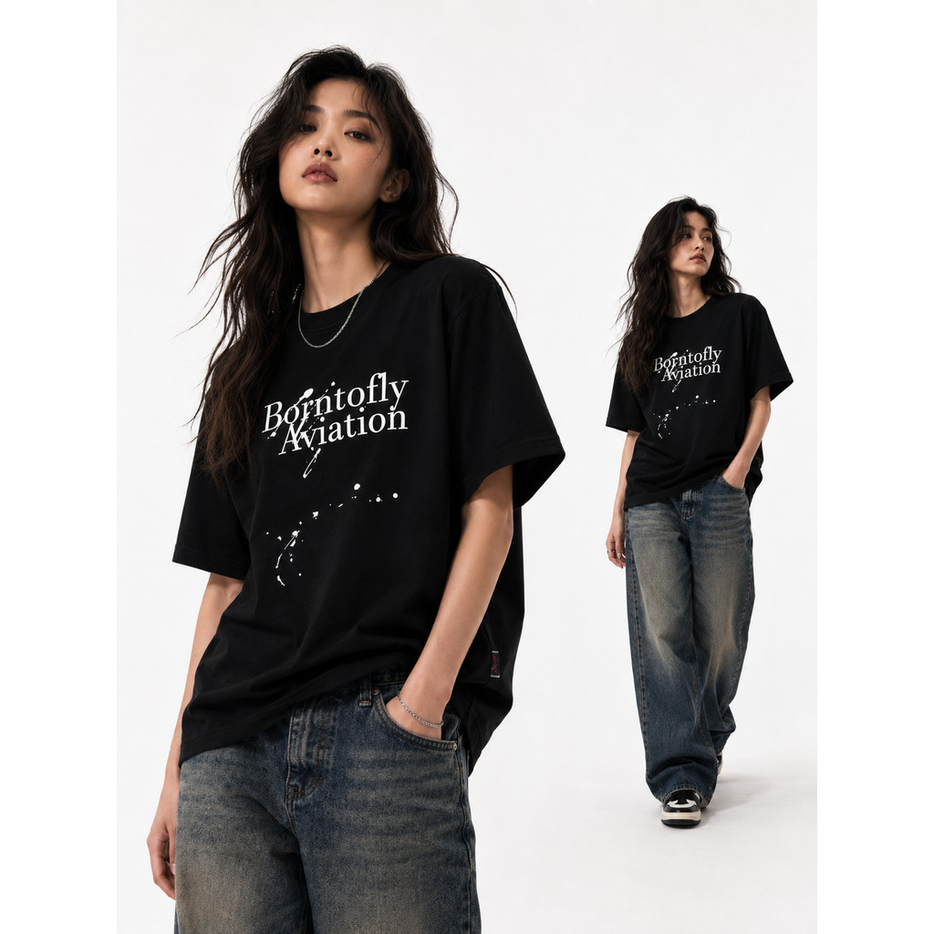 AVIA AVIA High Street Splash Ink พิมพ์สีดําแขนสั้นผู้ชาย Heavy Loose Letter เสื้อยืดลําลอง