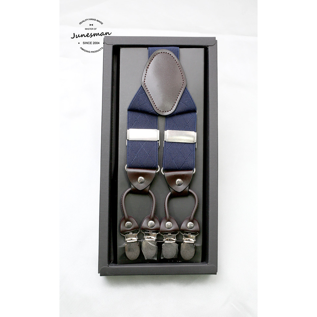 บลูหมอกควัน!June Man Handmade Business Men Strap Leather Buckle 4-tooth Clip Gift Box