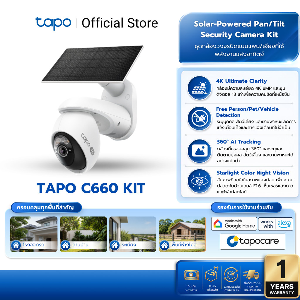 TAPO C660 KIT กล้องวงจรปิด 4K 8MP พร้อมแผงโซลาเซลล์ Solar-Powered Pan/Tilt Security Camera Kit รับปร
