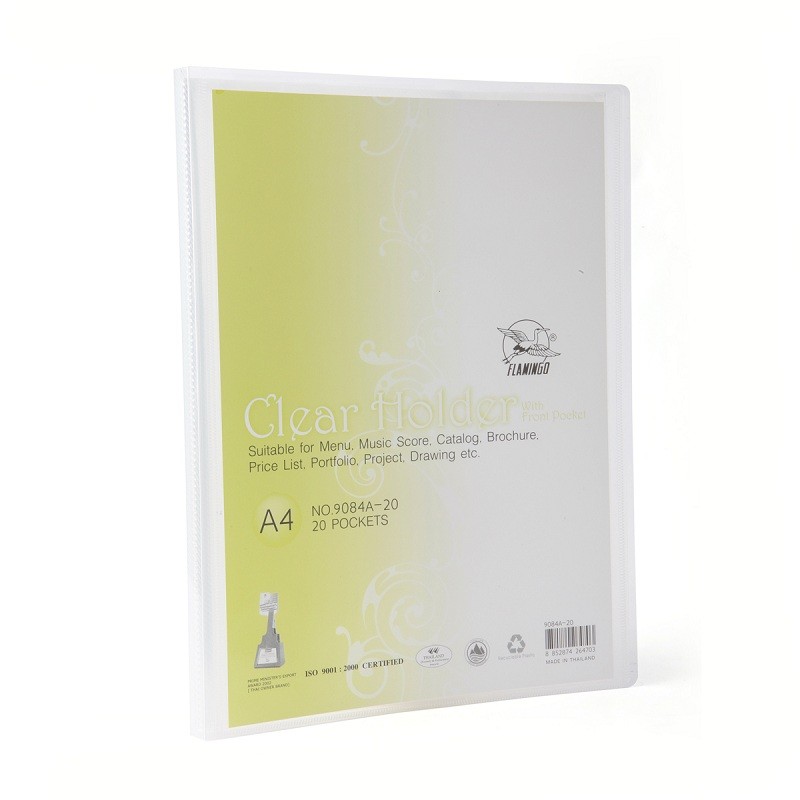 แฟ้มโชว์เอกสาร ขนาด A4 ฟลามิงโก้ รุ่น 9084 สีขาวใส (20 ซอง/เล่ม)