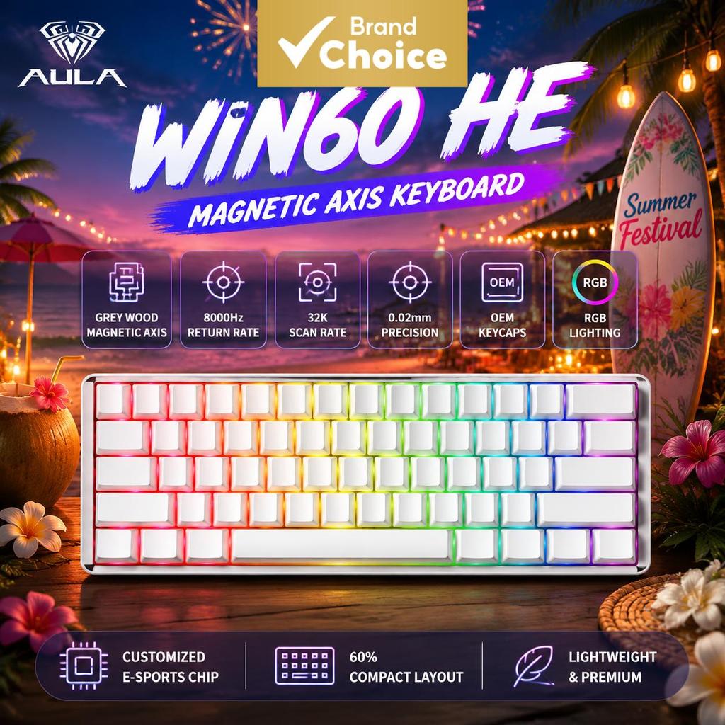 คีย์บอร์ดกลไกสําหรับเล่นเกม AULA WIN60 HE มาตรฐาน เชื่อมต่อแบบสาย สวิตช์แม่เหล็ก สีเทา สวิตช์ Hall E