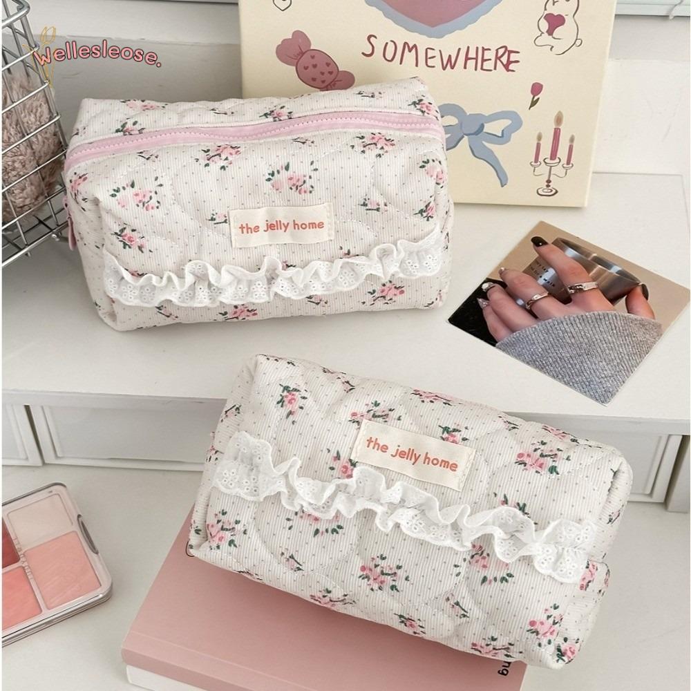 WELLE Travel Organizer กระเป๋าเครื่องสําอางลายดอกไม้ความจุขนาดใหญ่ผ้าลูกฟูกพร้อมกระเป๋าแต่งหน้าลูกไม