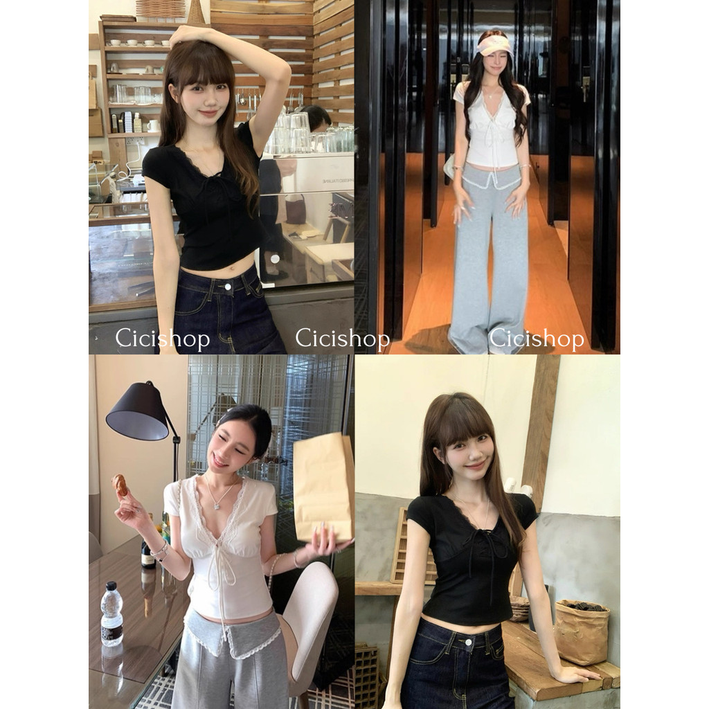 Cicishop(Y6326) เสื้อยืดคอวีแขนสั้น ทรงรัดรูป แต่งลวดลายลูกไม้ มีกิมมิคผูกโบว์ตรงกลาง หวานๆป่นแซ่บ สไตล์หน้าร้อน