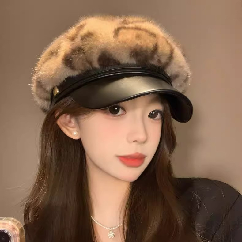 Mink Fur Newsboy Hat Leather Stitching Leopard Print Beret