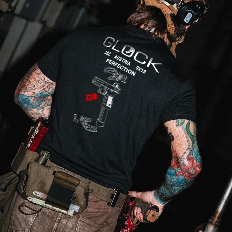เสื้อยืดพิมพ์ลายกราฟิก Glock G18C ทำจากผ้าฝ้ายแท้ ออกแบบคอกลมและแขนสั้น