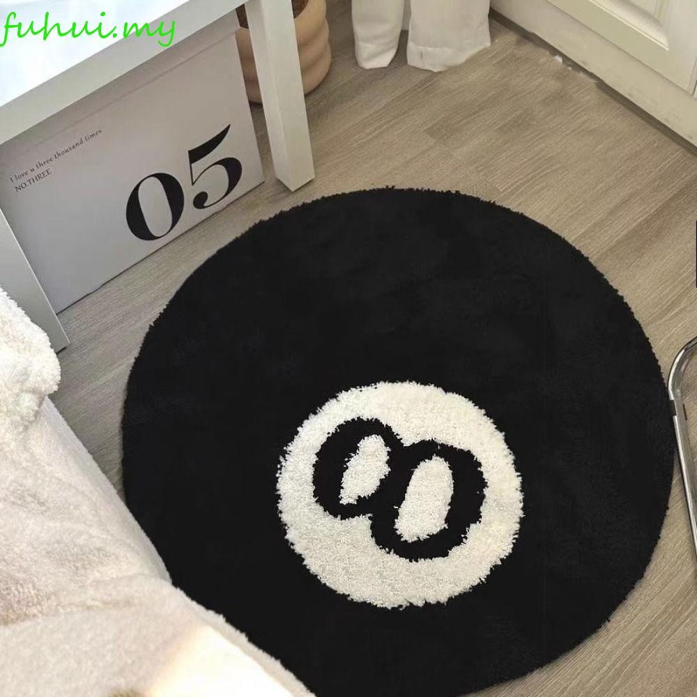 FUHUI 8 พรมบอล,นุ่มรอบ 8 Ball พรม, Creative Plush Anti-slip สีดํา 8 Ball Mat Hoom Decor