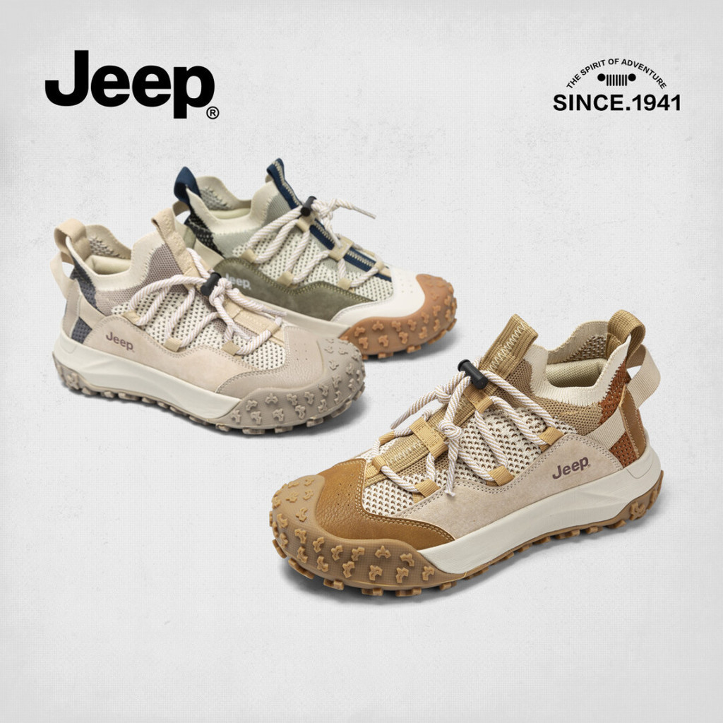 Jeep รองเท้าเดินป่าผู้หญิง Mountain Climbing Breathable สไตล์เรโทร lace-free สีเทาอ่อนและสีเขียว RR8