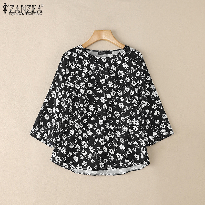 ZANZEA เสื้อเบลาส์วินเทจเกาหลีสำหรับผู้หญิง แขนยาว 3/4 พิมพ์ลายดอกไม้ สไตล์สบายๆ