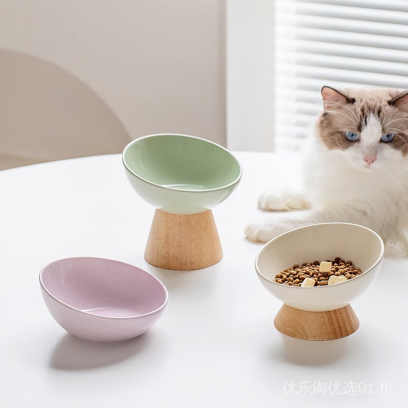 ชามเซรามิกขอบเอียง อุปกรณ์สัตว์เลี้ยง ชามอาหารแมวและสุนัข ชามน้ำ ป้องกันการหก ขาสูงต่ำ ป้องกันคอ CFH