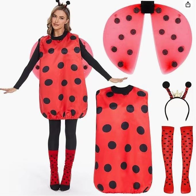 ชุดเครื่องประดับLadybugสีแดงและดำสำหรับผู้ใหญ่ Halloween Party Cosplay พร้อมปีกและของตกแต่ง