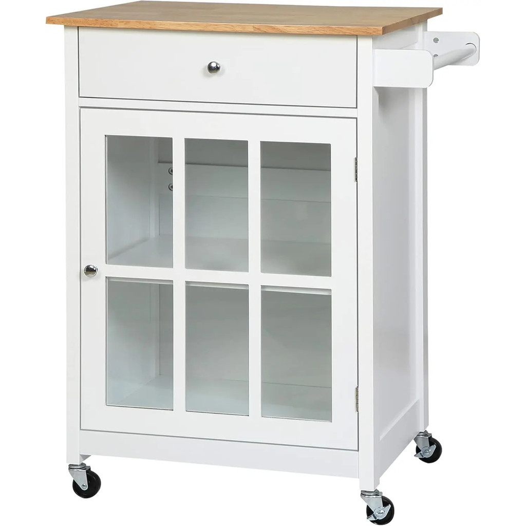 27 Rolling Kitchen Island Cart พร้อมลิ้นชักและตู้ประตูกระจก, รถเข็นห้องครัวพร้อมชั้นวางแบบปรับได้และ