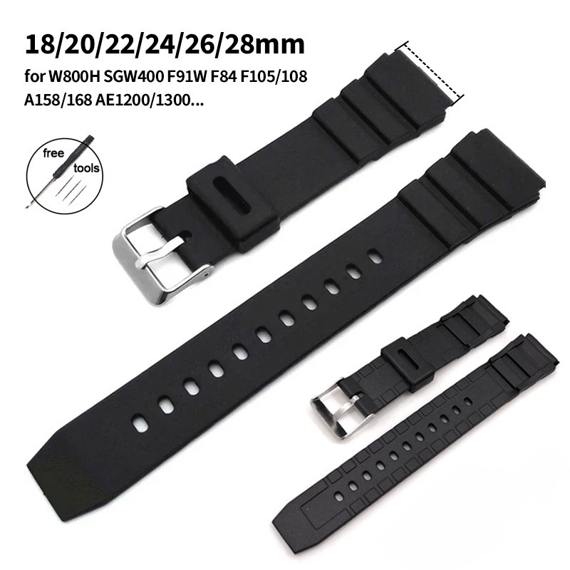 สายนาฬิกาซิลิโคนอ่อน 18 มม.20 มม.22 มม.24 มม.26 มม.28 มม.สําหรับ Casio W800H SGW400 F91W AE1200/1300 กันน้ํากีฬายางนาฬิกาสีดําผู้ชายผู้หญิงสร้อยข้อมือเข็มขัด