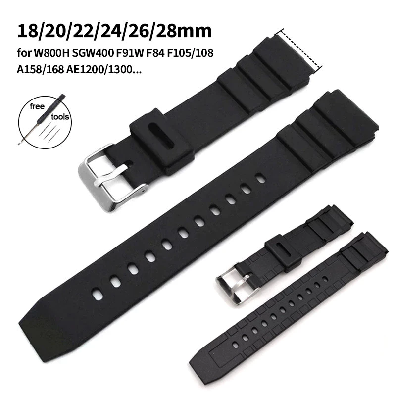 สายนาฬิกาซิลิโคนอ่อน 18/20 มม.22 มม.24 มม.26 มม.28 มม.สําหรับ Casio W800H SGW400 F91W AE1200/1300 กันน้ํากีฬายางนาฬิกาสีดําผู้ชายผู้หญิงสร้อยข้อมือเข็มขัด