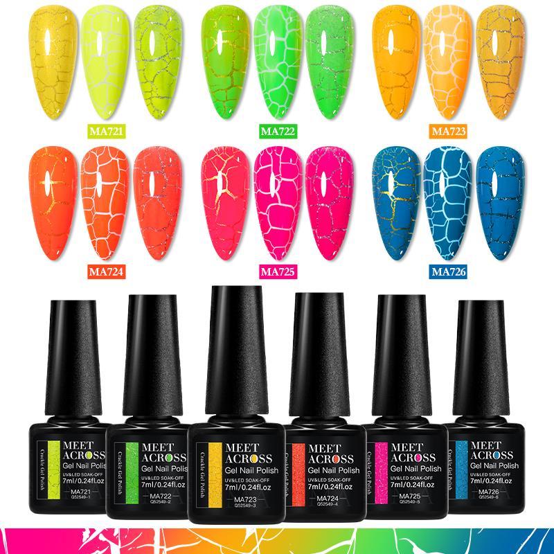 MEET ACROSS 7ml 6 ชิ้น Cracked เรืองแสงเล็บเจลชุดสีนีออน Crackle Soak Off UV GEL สีสันเล็บเคลือบเงา