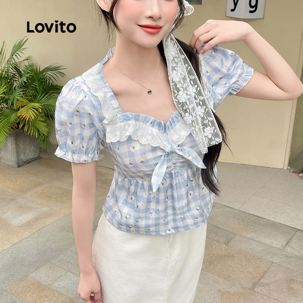 Lovito เสื้อลูกไม้ลายตารางน่ารักสําหรับผู้หญิง L133AD263