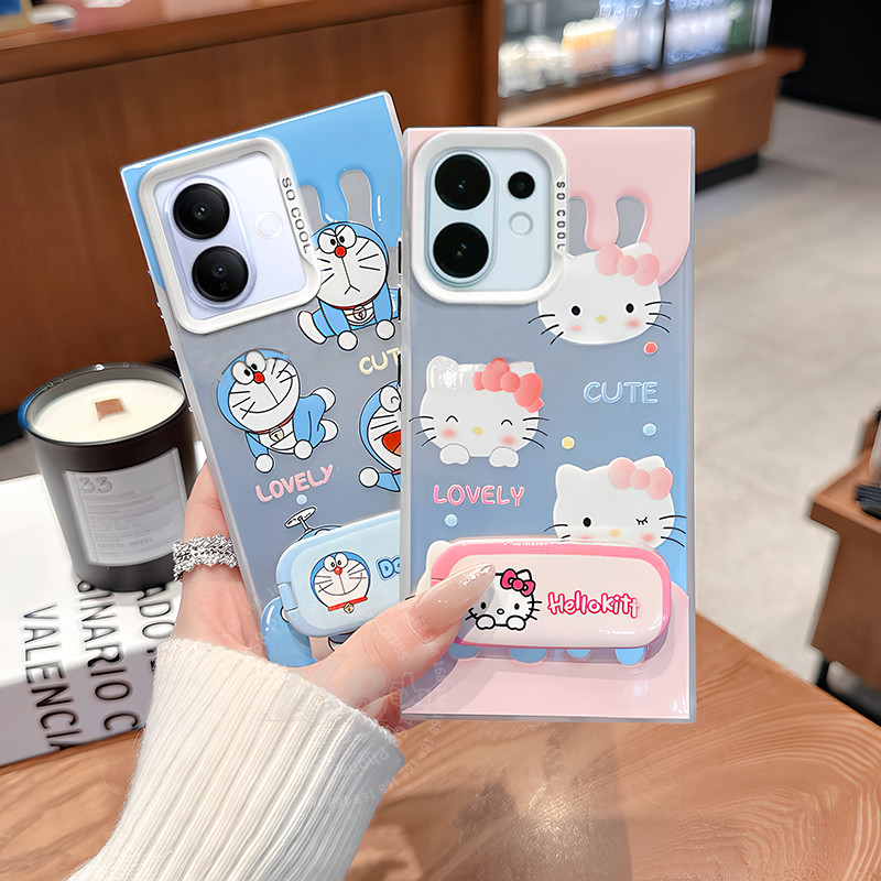 เคส Vivo V60 เคส Vivo V60 Lite Case เคสน่ารักลายการ์ตูนน้องแมว โดราเอมอน กันกระแทก มีกระจกและแท่นวางโทรศัพท์ ขอบซิลิโคนอ่อนนุ่ม เคสโทรศัพท์สำหรับเด็กผู้หญิง หญิงนักเรียน