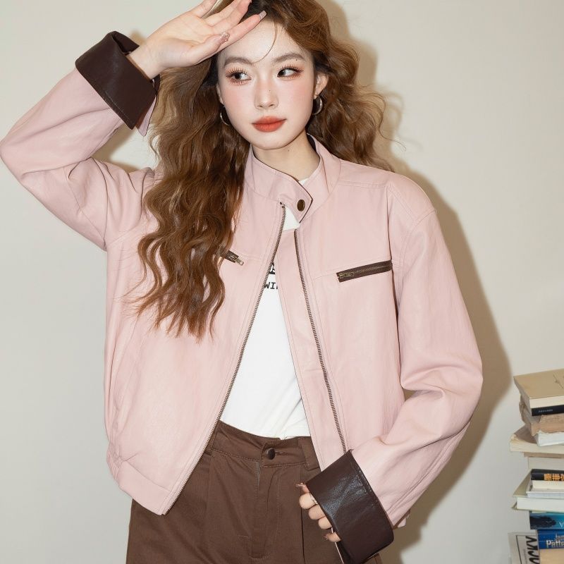 แจ็กเก็ตหนังสีชมพู ดีไซน์เปรียบเทียบสี สำหรับผู้หญิง สไตล์ใหม่ฤดูใบไม้ร่วงปี 2025 ทันสมัยและสวยงาม