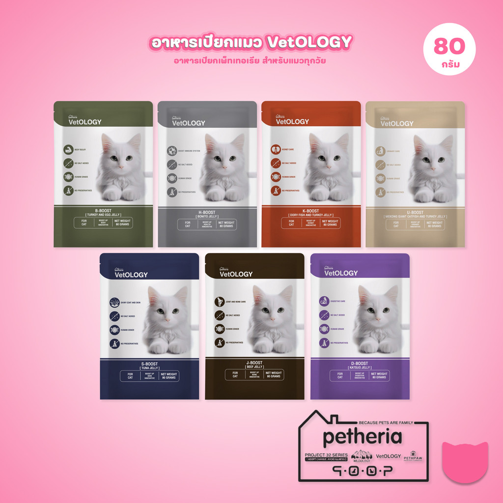 VetOLOGY [1 ซอง] Petheria อาหารเปียกสำหรับแมว เหมาะกับทุกช่วงวัย ขนาดซอง 80g