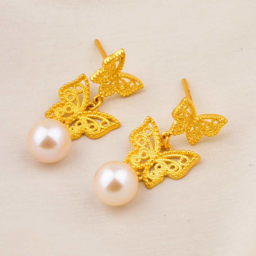 Ff999 ต่างหูทองคําบริสุทธิ์ 24K Pure Gold Hollow ดอกไม้ผ้าไหมโบว์ต่างหู Gold Classy Pearl ต่างหูของข