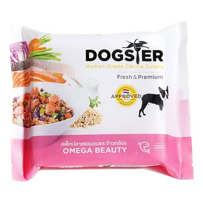ด็อกสเตอร์อาหารสุนัขแช่แข็งสูตรสเต็กปลาแซลมอนและข้าวกล้อง 120ก Dogster Omega Beauty 120g [8857124053045 ]