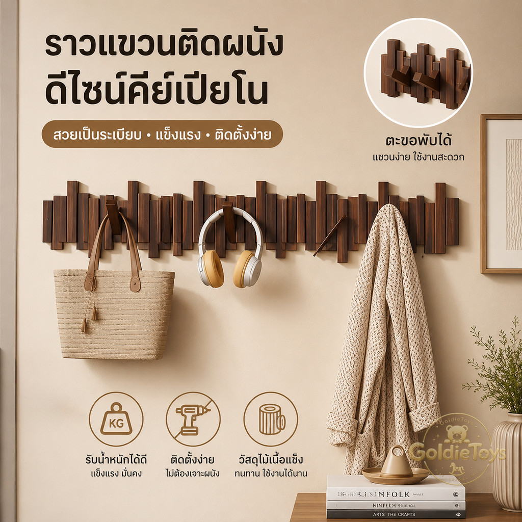 ที่แขวนคีย์เปียโนไม้ แบบพับได้อเนกประสงค์ ตะขอแขวนผนัง ไม่ต้องเจาะ ติดตั้งง่าย ประหยัดพื้นที่ สำหรับเก็บของในบ้าน