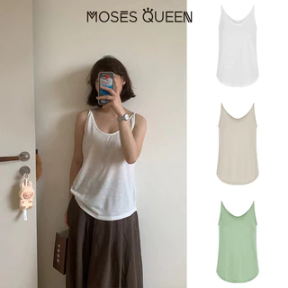 MOSESQUEEN มอสเนสควีน ชุดตัวนอกสําหรับฤดูร้อนรูปแบบใหม่สําหรับผู้หญิงที่มีเสื้อกั๊ก ดีไซน์ด้านหลังสวยงาม ทรงปล่อยๆสีขาวปูๆ เสื้อแขนกุด #63916