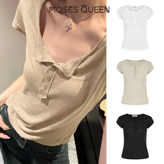 MOSESQUEEN ความเมตตา คอพับขอบหลวมกระชับสัดส่วนและเสื้อยืดแขนสั้นซีทรูเล็กน้อยสําหรับผู้หญิง-เสื้อฤดูร้อนอเนกประสงค์ #63907
