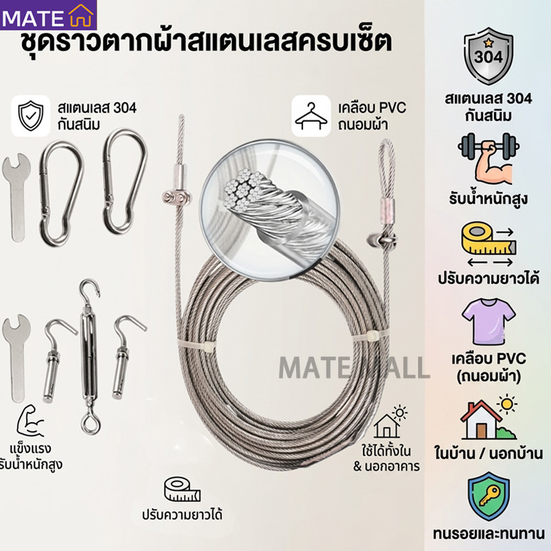 เชือกตากผ้าลวดสลิงสแตนเลส เคลือบพลาสติกใสหนา4มม ยาว3 5เมตร 10เมตร 15เมตร ทนแดดใช้กลางแจ้งและในร่ม เหมาะทำราวตากผ้าแขวนเสื้อผ้าใช้งานในครัวเรือนได้