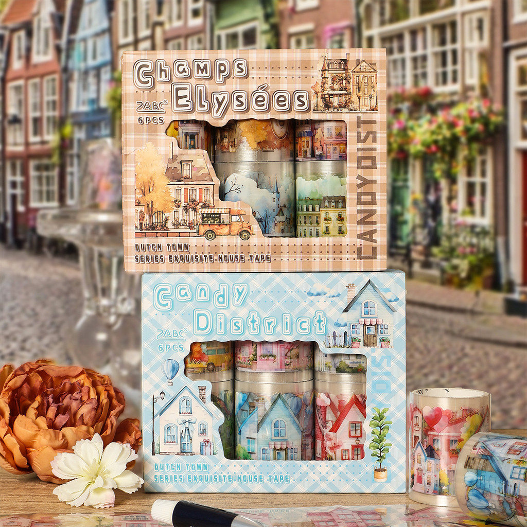 คู่มือสติกเกอร์ Dutch Town Series โปร่งใสกันน้ําสัตว์เลี้ยงเทปชุดกล่อง diy คู่มือไดอารี่สติกเกอร์ Cross-Border Retro Street View อาคารสติกเกอร์