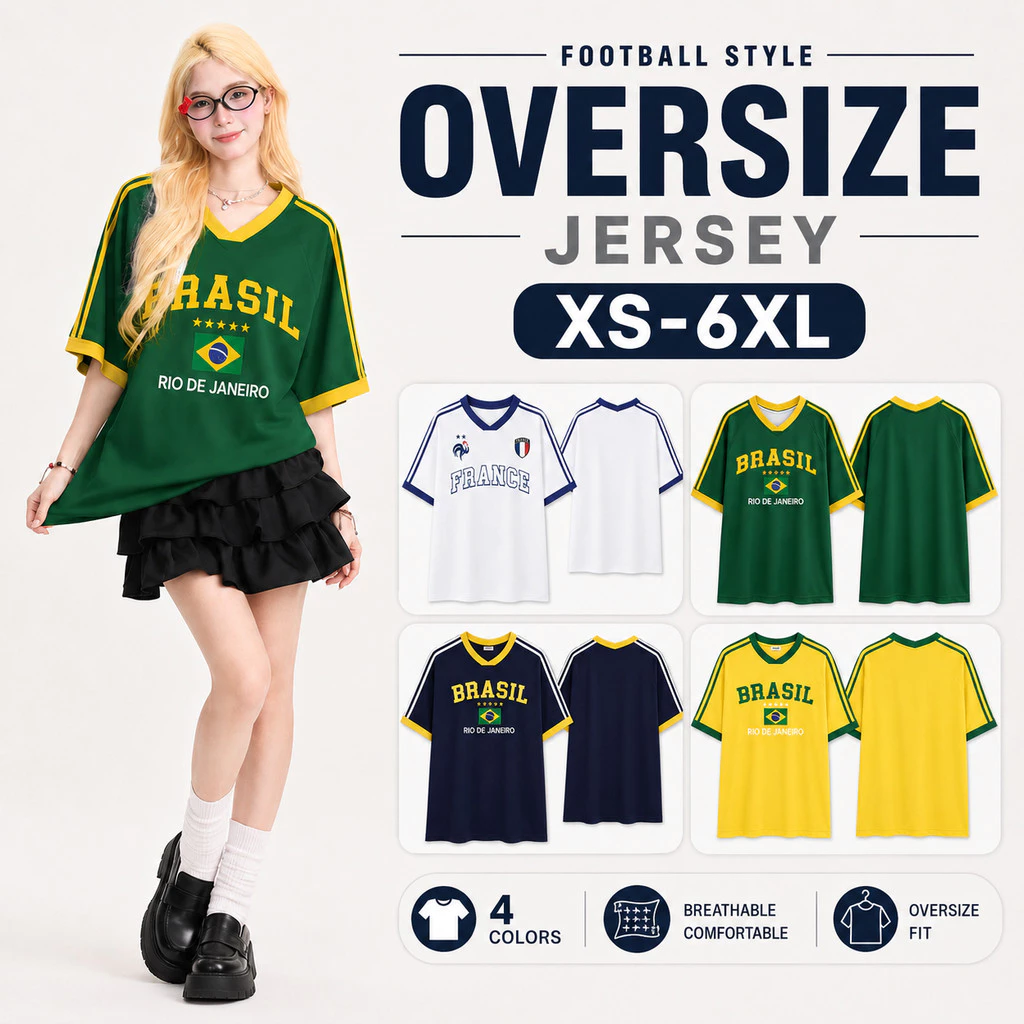 เสื้อบอลแฟชั่น Oversize ผู้หญิง/ผู้ชาย ใส่สบาย ทรงหลวม สไตล์สตรีท ลาย Brazil มี 4 แบบ ไซส์ XS-6XL