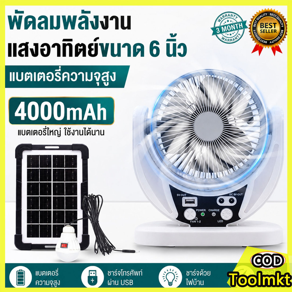 พัดลมโซล่าเซลล์ 6 นิ้ว พัดลมพลังงานแสงอาทิตย์ พกพาได้ มอเตอร์แรง แบตเตอรี่ 4000mAh พร้อมไฟ LEDในตัว เหมาะสำหรับแคมป์ปิ้ง