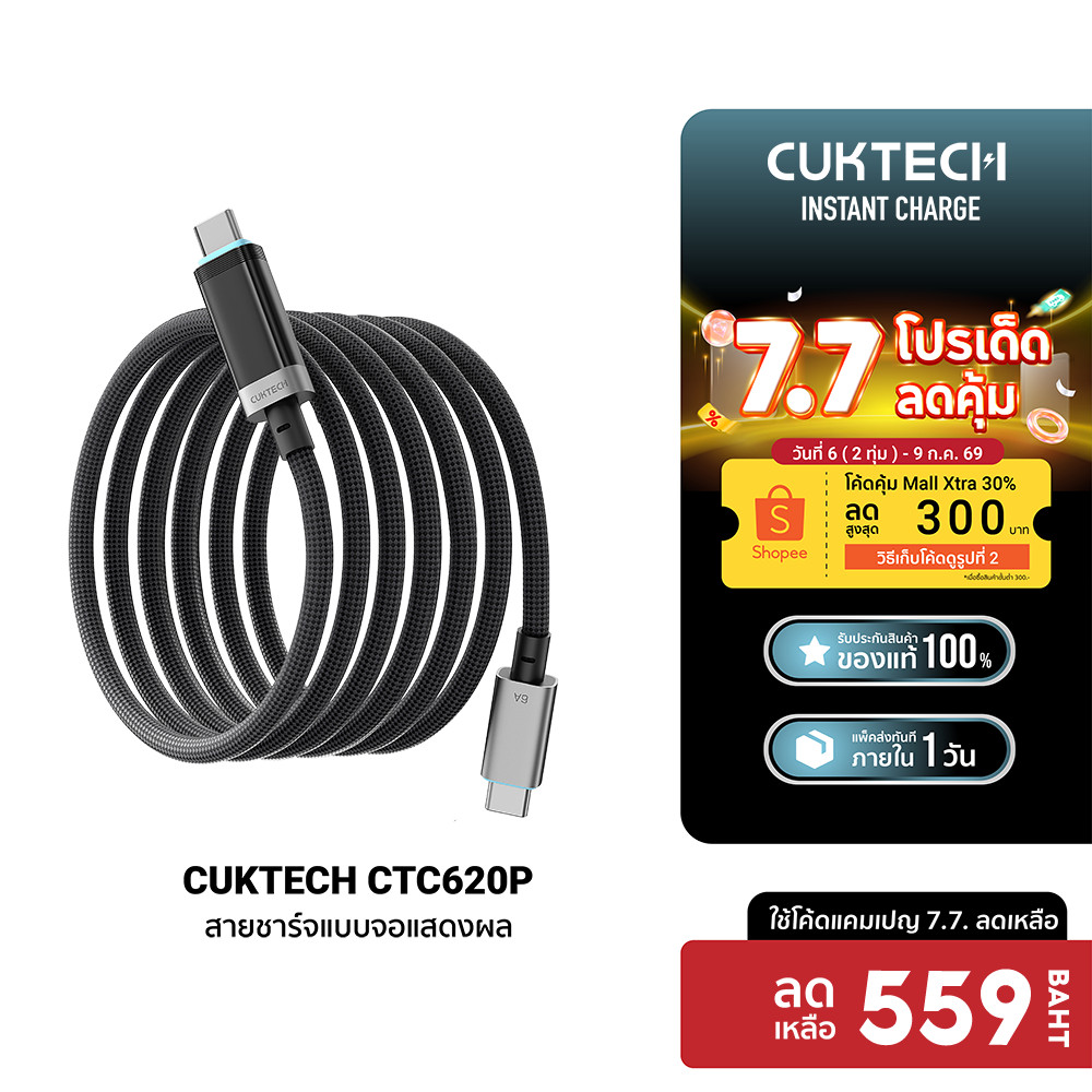 [ลดเหลือ 559] CUKTECH CTC620P 6A 240W สายชาร์จมีจอ USB-C to USB-C รองรับชาร์จเร็ว PD3.1 หน้าจอ OLED -24M