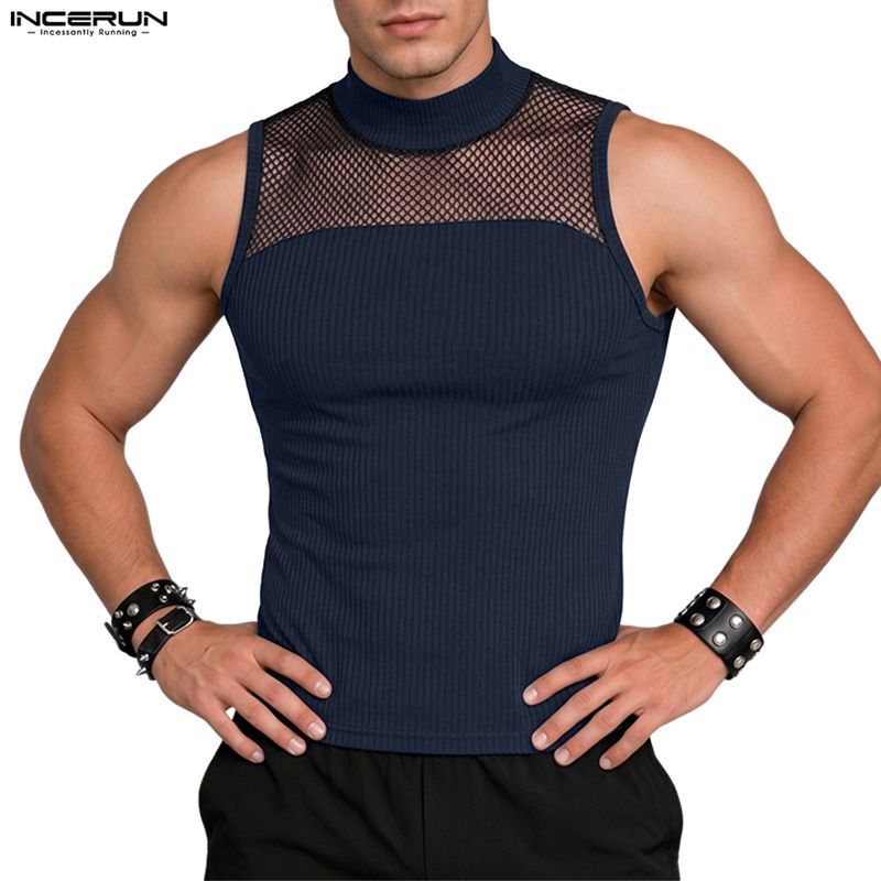INCERUN ผู้ชายเกาหลี Clubwear Party Hollow Mesh Splicing แขนกุดติดตั้งถังกล้ามเนื้อ