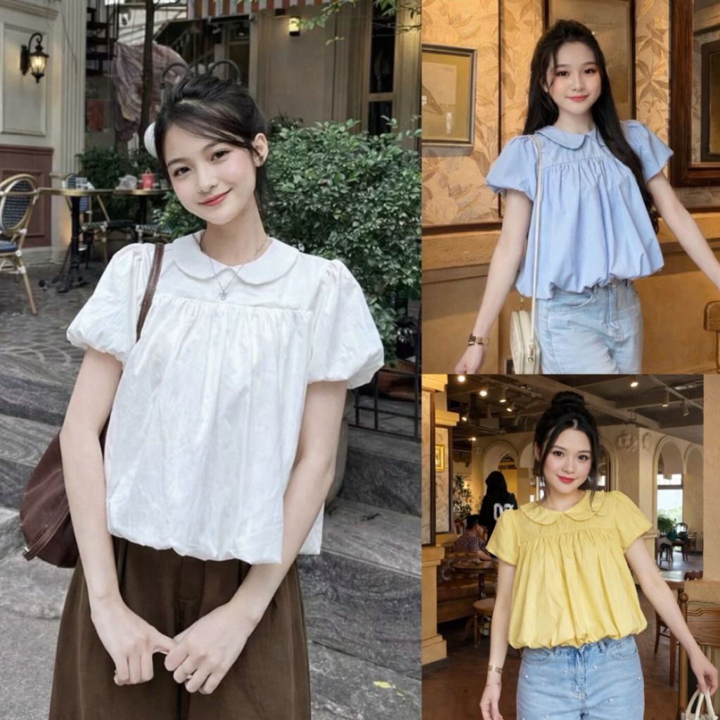 เสื้อเชิ้ต เบบี้ดอลล์ สไตล์เกาหลีน่ารักคอปกบัวและแขนพัฟ BS996 - Lisa Botique