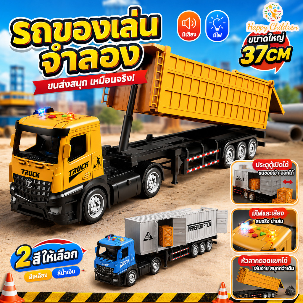 รถของเล่น รถของเล่นสําหรับเด็ก 37ซม. รถบรรทุกตู้คอนเทนเนอร์ มีแสงและดนตรี ชุดของเล่น ของขวัญวันเกิด ทนต่อการตกหล่น
