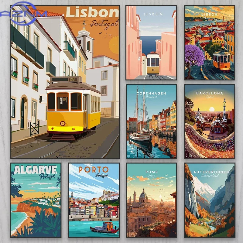 LF4L AZNM Lisbon Wall Art โปสเตอร์ Travel Art พิมพ์โปรตุเกส Minimalist ผ้าใบภาพวาด South of ฝรั่งเศส