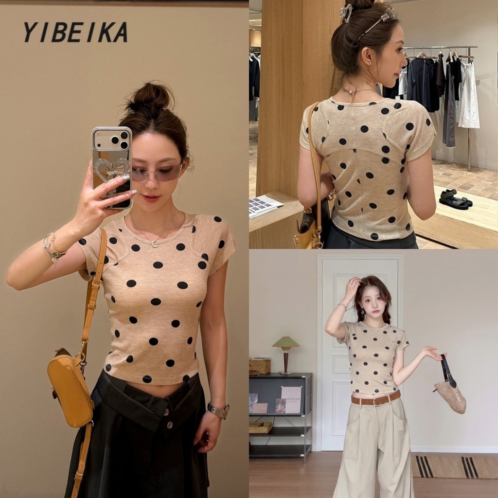 เสื้อยืด ผู้หญิงแฟชั่น จุดคลื่น คอกลม แขนสั้น สลิมฟิต เหมาะกับทุกโอกาส