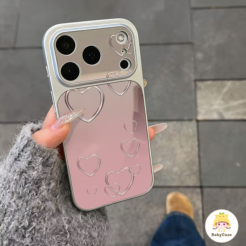 เคสกระจกลายหัวใจสีชมพูไล่เฉด สำหรับ IPhone 17 16 15 14 13 11 12 Pro Max 16 15 14 Plus Air 16 13 12 Pro วัสดุ TPU