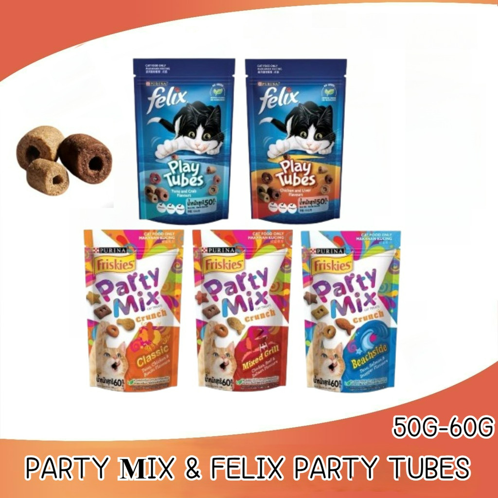 [ซองเดี่ยว] ขนมแมว Friskies Party Mix &FELIX Party Tubes - ขนมแมว 50-60 g