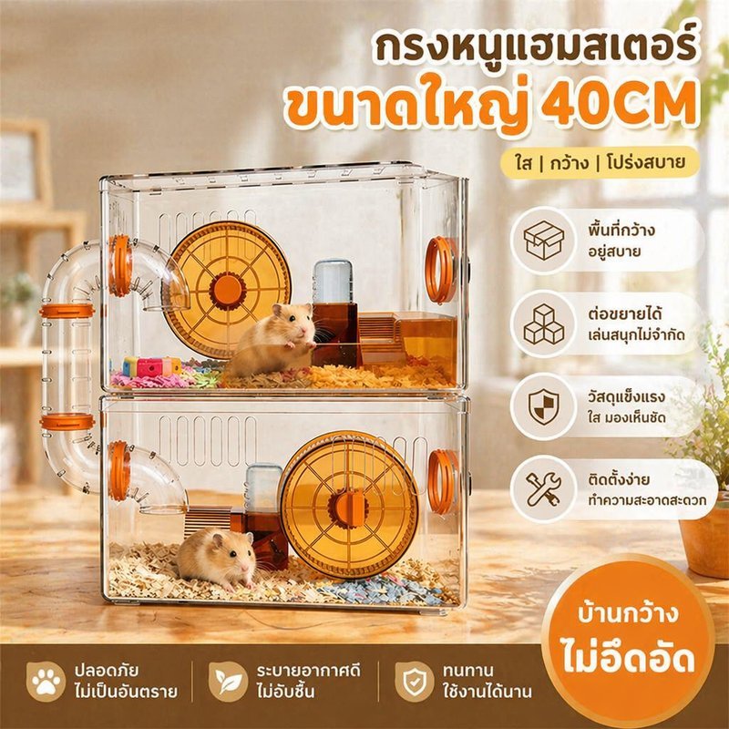 กรงหนูแฮมสเตอร์ อะคริลิคใส ตู้เลี้ยงหนู สองชั้น ประตูคู่ หูหิ้วซ่อน ระบายอากาศ กล่องเปล่า