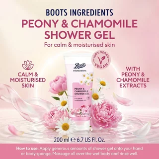 Bootsบู๊ทส์ อินกรีเดียนส์ พิโอนี แอนด์ คาโมมายล์ ชาวเวอร์ เจล 200 มล. เจลอาบน้ำ