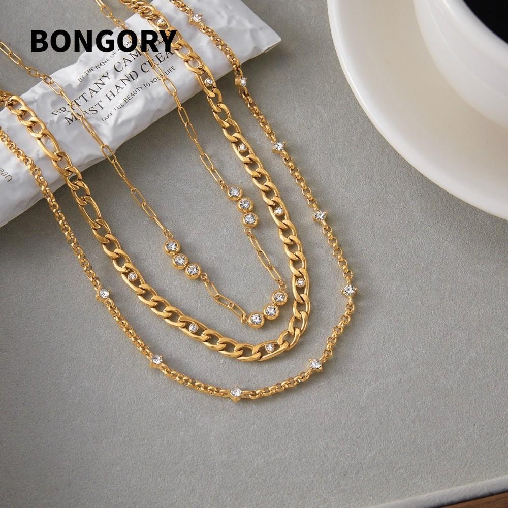 BONGORY สร้อยคอผู้หญิง, 18K Plated Classic Gold Zirconia Chain, สแตนเลสหรูหรา Minimalist Stackable C