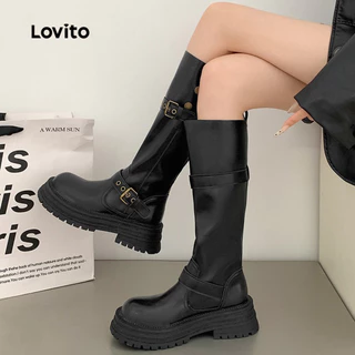Lovito แคชชวล รองเท้าบูทแคชชวลแบบแพลตฟอร์ม สไตล์เรโทร ใช้ได้ทุกฤดู สีดำ สำหรับผู้หญิง LFA86075