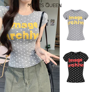 MOSESQUEEN เสื้อยืดแขนสั้นคอกลมพิมพ์ลายดาวตัวอักษรสําหรับผู้หญิง - เสื้อคอกลมพิมพ์ลายเข้ารูปฤดูร้อน #63747