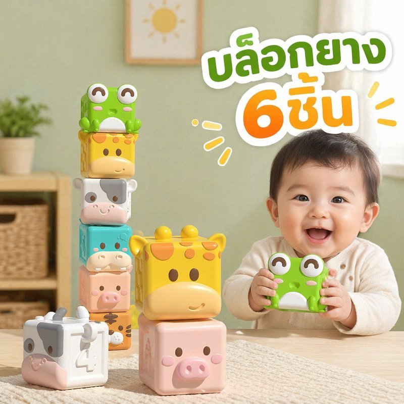 บล็อคตัวต่อซิลิโคน ฝึกพัฒนาการ ของเล่นเคี้ยวได้ เม็ดใหญ่ ชุด 6 ชิ้น รูปสัตว์ สำหรับเด็ก