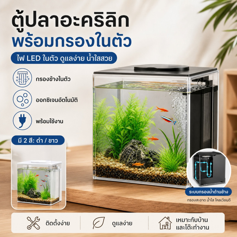 ตู้ปลา ตั้งโต๊ะ อ่างเลี้ยงปลา พลาสติกใส ระบบกรองน้ำ ไฟ led ปั๊มออกซิเจน แต่งบ้าน โต๊ะทำงาน