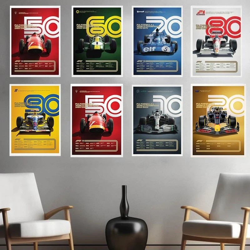 50s-90s Vintage Formula One Racing โปสเตอร์ศิลปะพิมพ์ F1 World Champion Racing รถผ้าใบภาพวาด Racing 