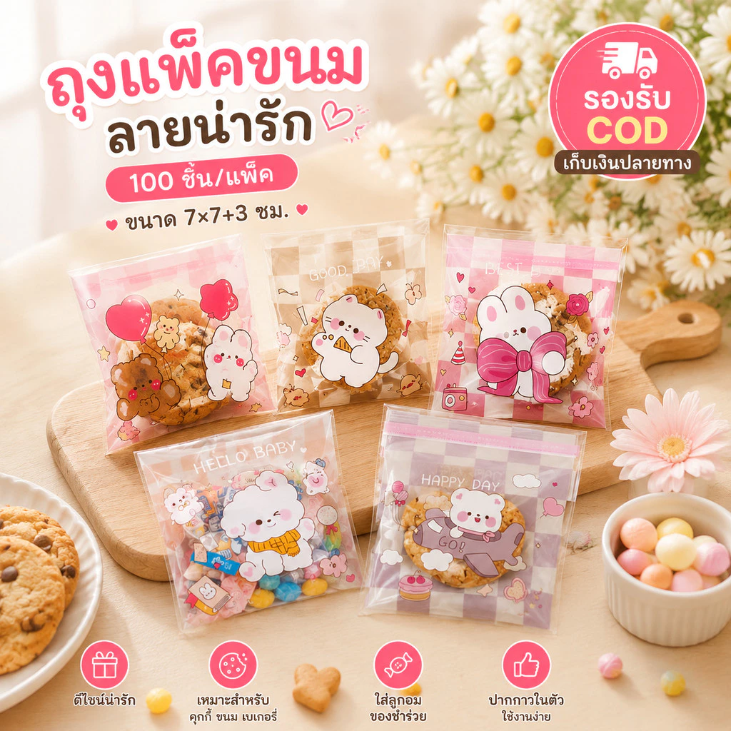 ถุงฝากาวลายน่ารัก 7×7+3 ซม. 100 ใบ/แพ็ค ถุงคุกกี้ ถุงเบเกอรี่ ถุงขนม