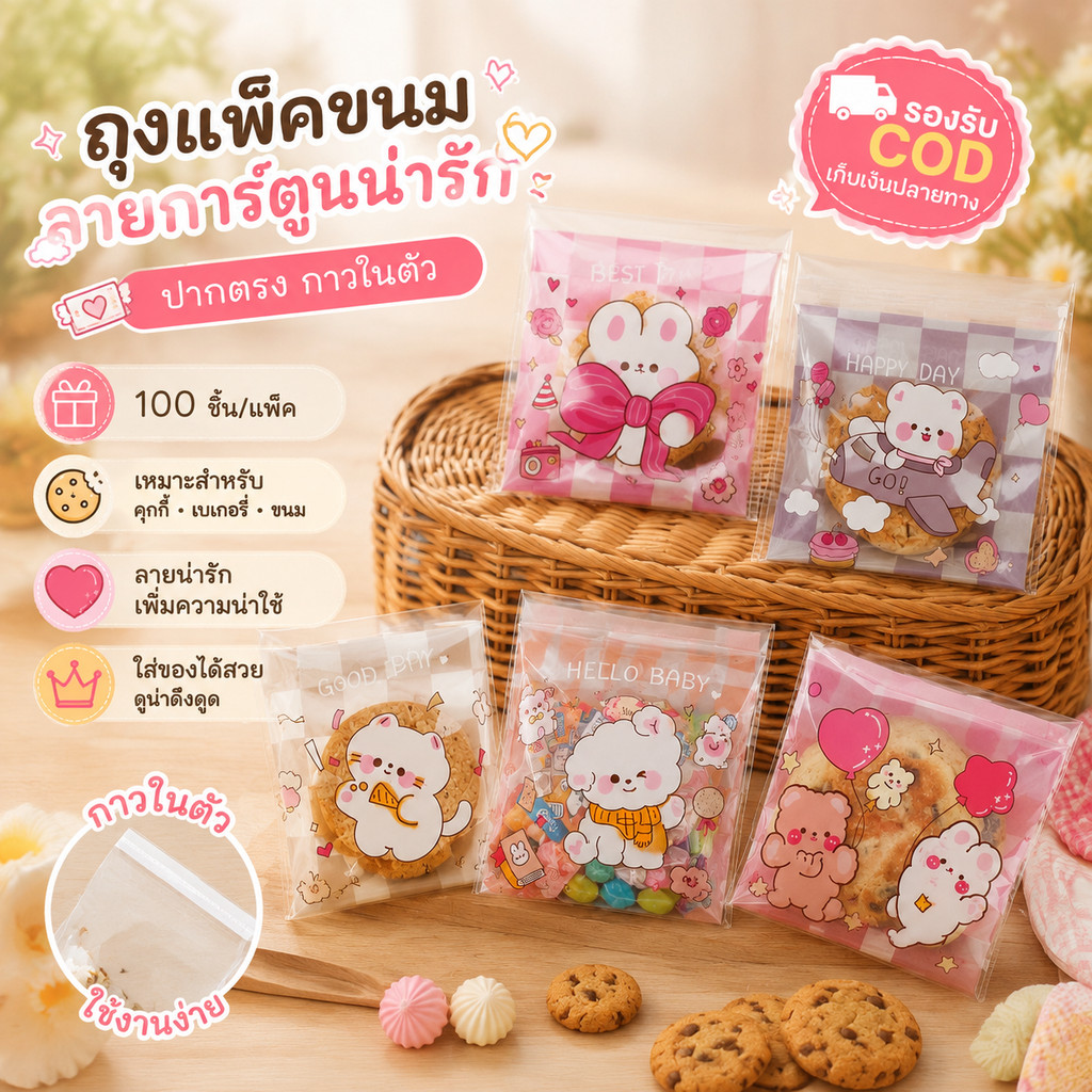 ถุงฝากาวลายน่ารัก 7×7+3 ซม. 100 ใบ/แพ็ค ถุงคุกกี้ ถุงเบเกอรี่ ถุงขนม